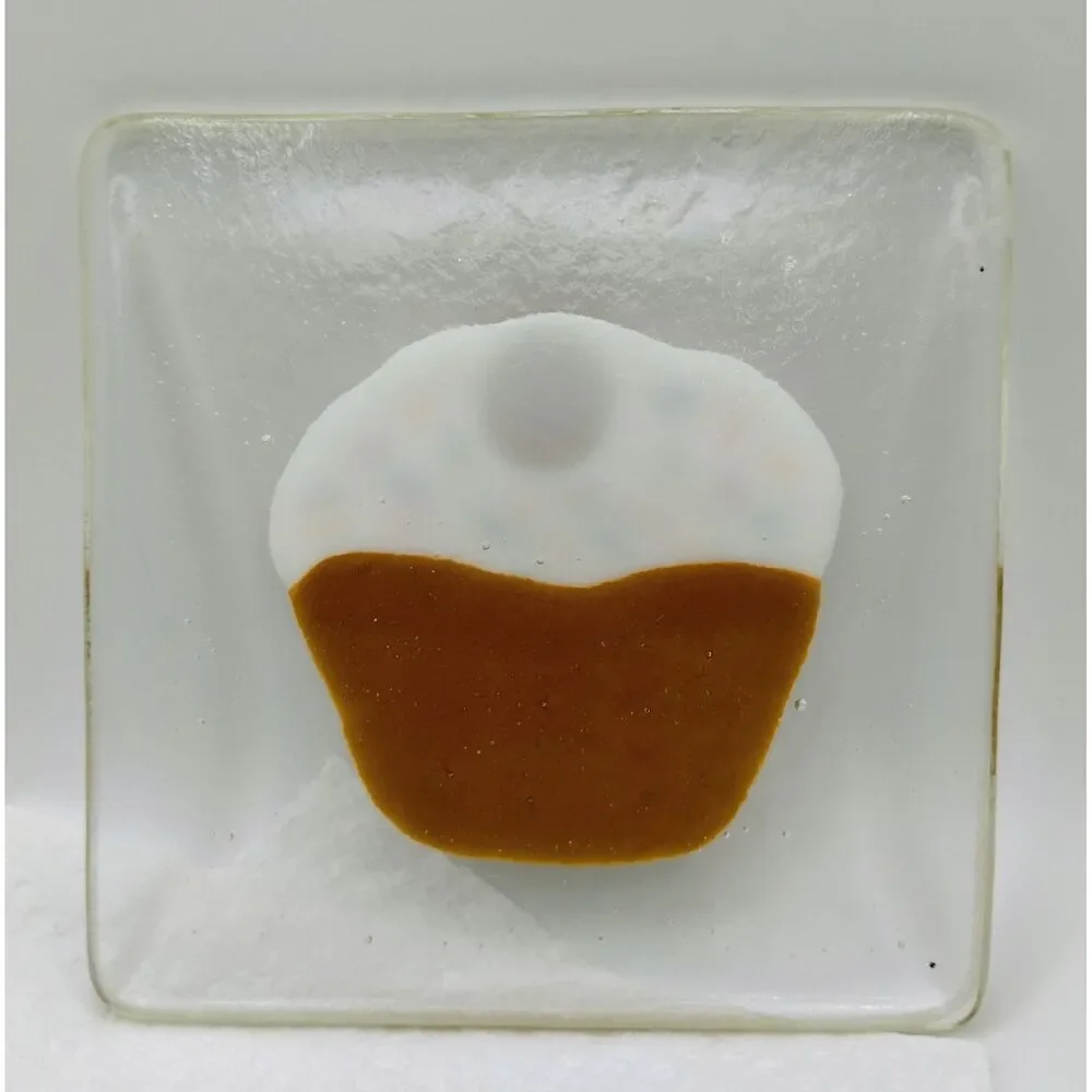 Handmade Fused Glass Cupcake Square Plate Trinket Dish Sprinkles Cherry 4.75in
